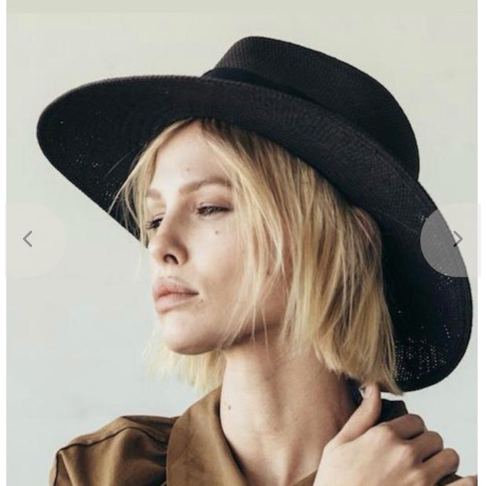 Janessa Leone Rose Black Straw Wide-Brim Hat SZ Large - Picture 2 of 5